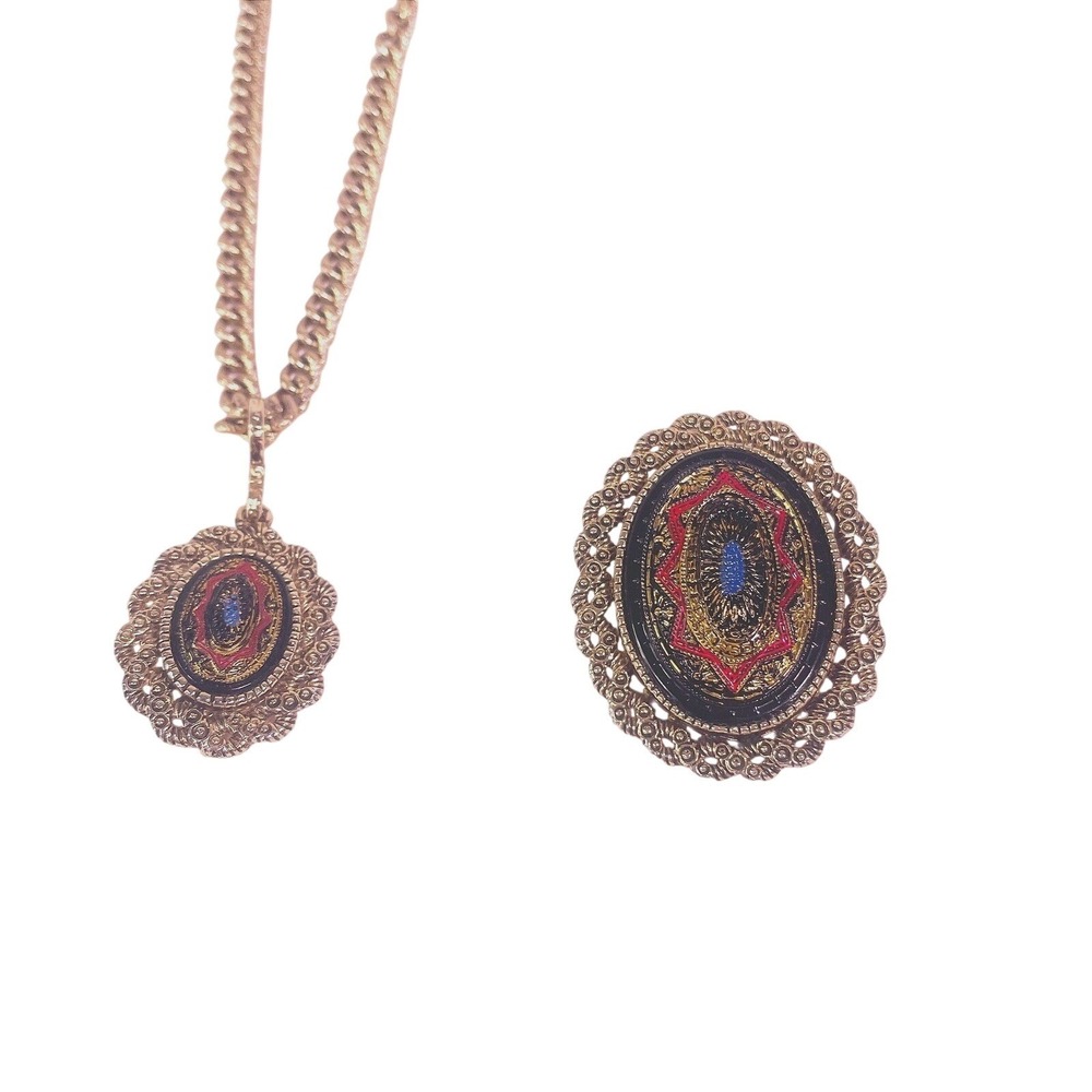 Sarah Coventry Old Vienna Pendant Necklace Brooch Set Gold‎ Tone Enamel Vintage